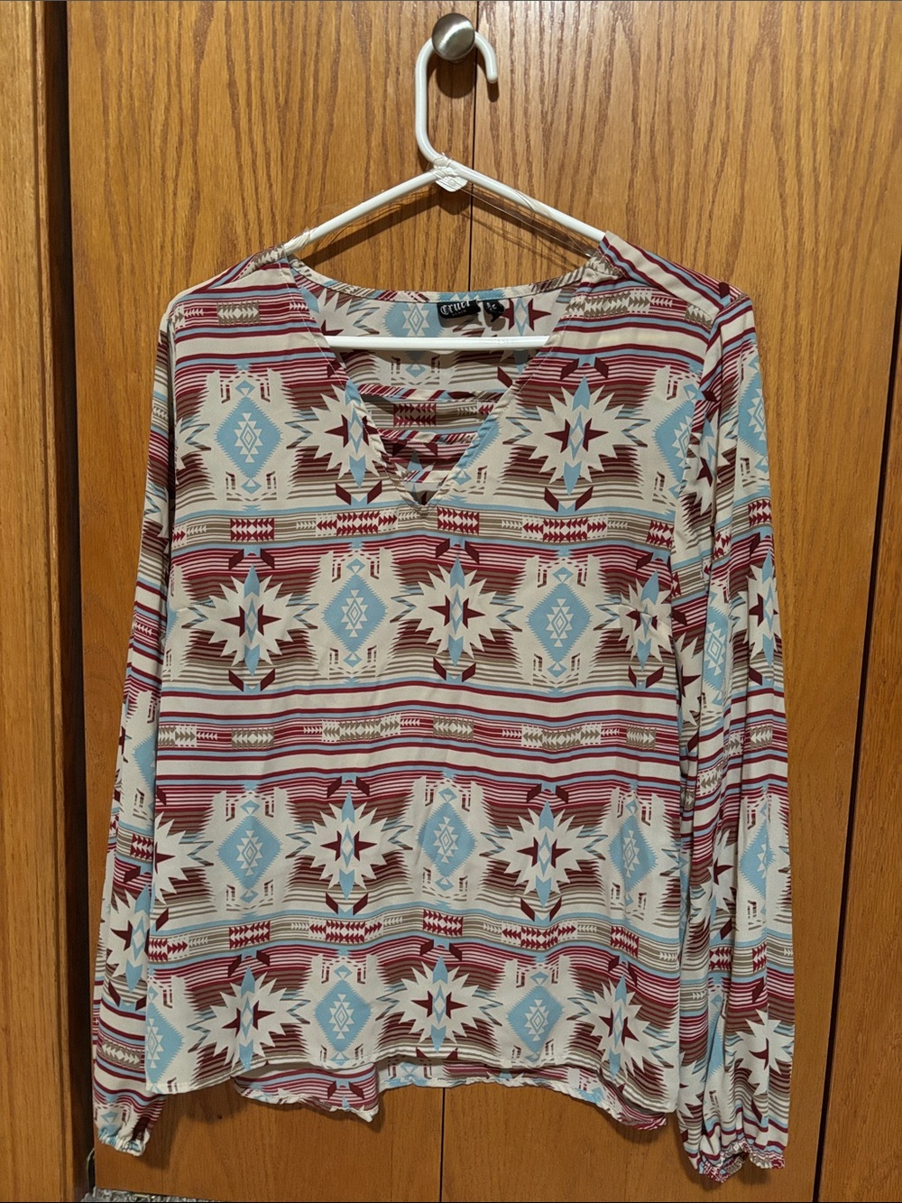 Long-Sleeve Aztec V-Neck Top in Cream, Light Blue & Burgundy